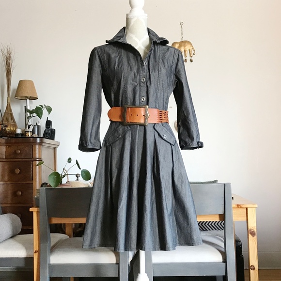 Gray denim dress with puff Peter Pan collar - Picture 1 of 5